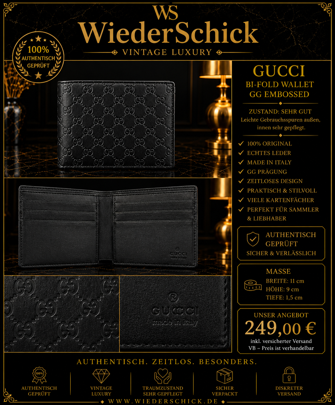 Gucci Bi-Fold Wallet GG Embossed Schwarz