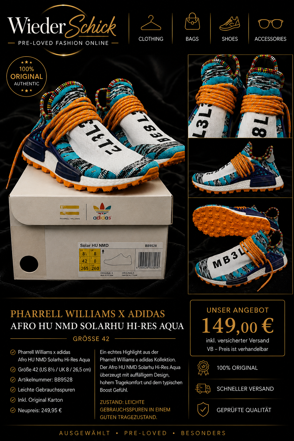 Pharrell Williams x adidas Afro HU NMD Solarhu Hi-Res Aqua Größe 42