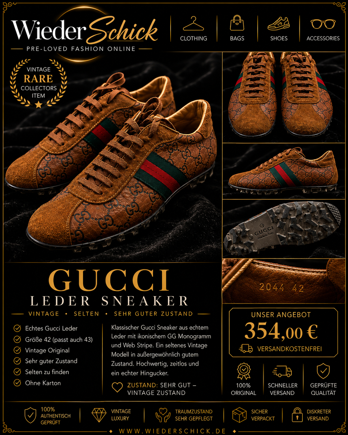 Gucci Vintage Leder Sneaker Größe 42