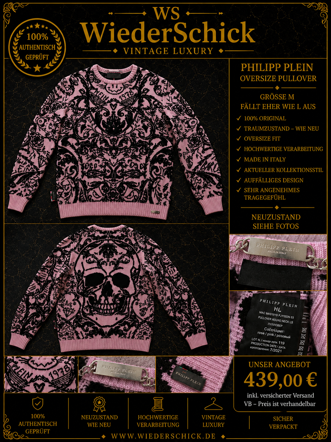 Philipp Plein Oversize Pullover Rosa Schwarz Größe M