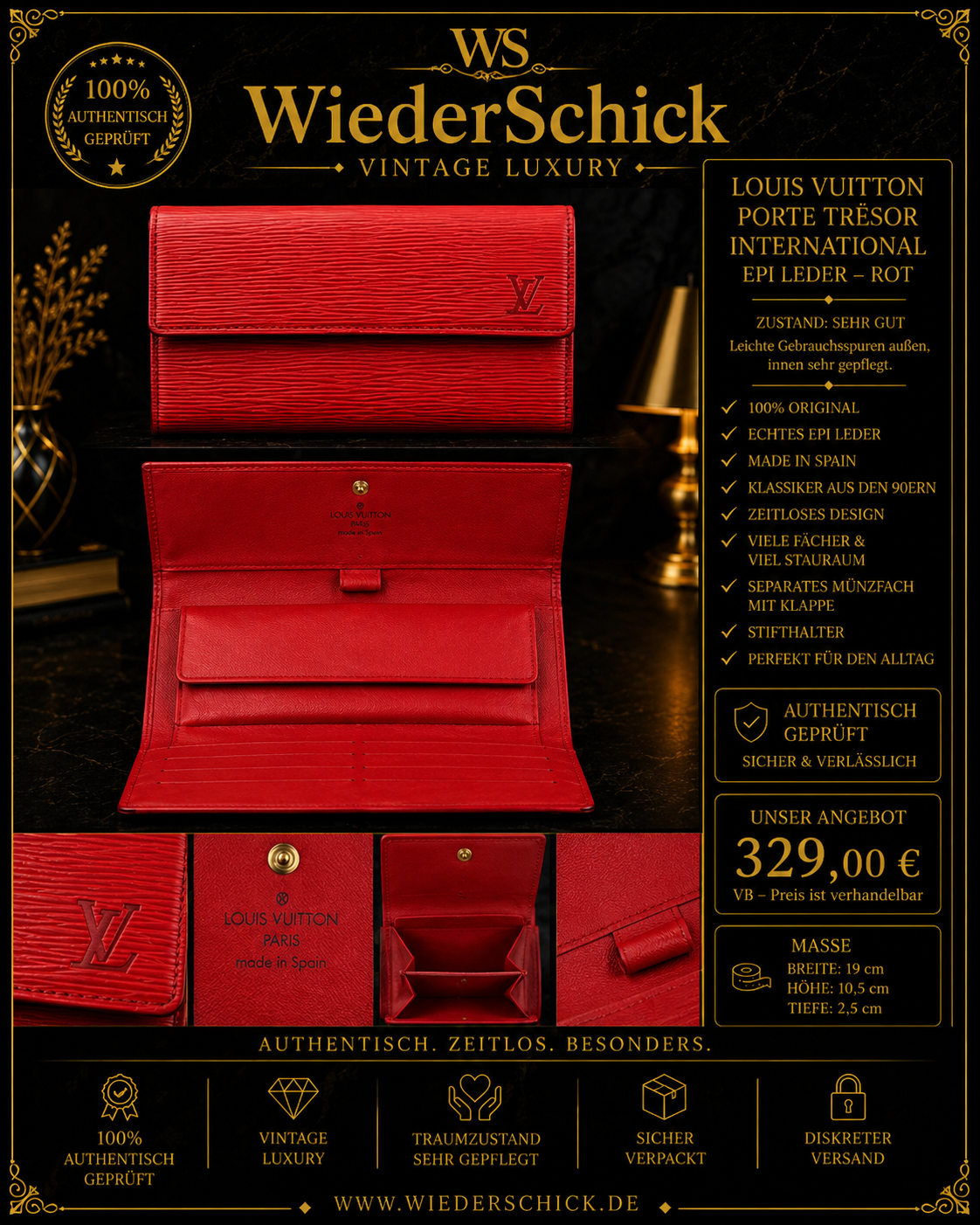 Louis Vuitton Porte Trésor International Epi Leder Rot